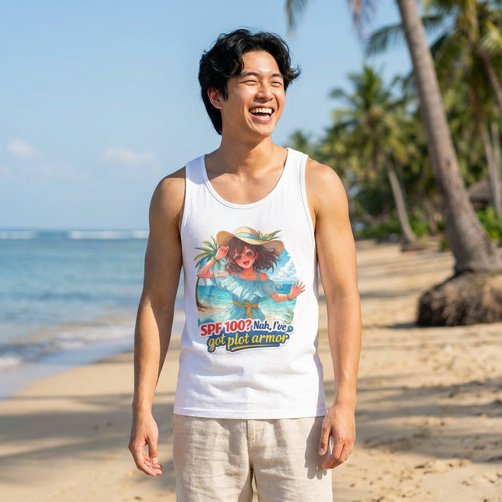 Tank Top — "SPF 100? Nah, I’ve Got Plot Armor" Summer Beach Graphic Tank