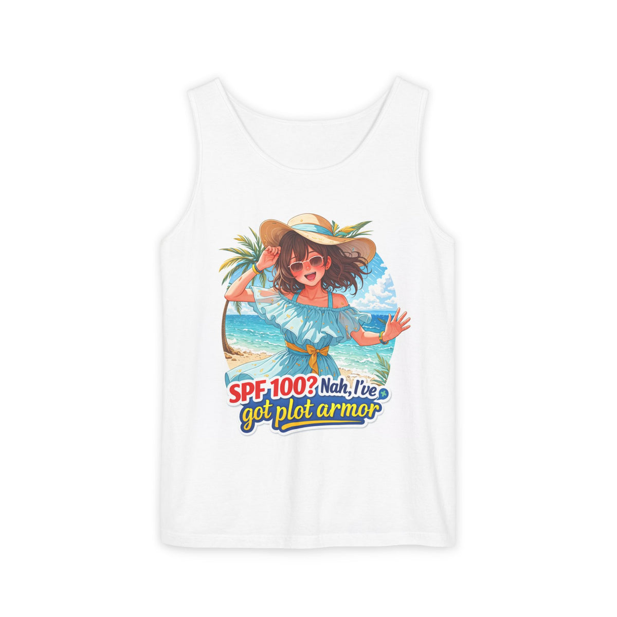 Tank Top — "SPF 100? Nah, I’ve Got Plot Armor" Summer Beach Graphic Tank